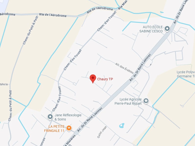 Chaury TP : Plan d'accès et localisation à Castelnaudary Plan de localisation de Chaury TP à Castelnaudary, Avenue du Dr René Laennec, près du Lycée Pierre-Paul Riquet.